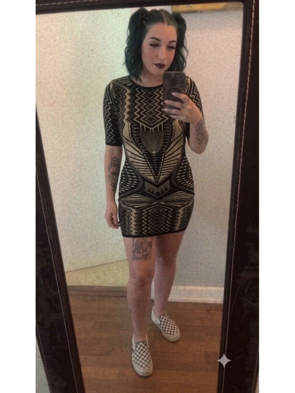 Hera Collection Geometric Knit Bodycon Dress Black Gold Aztec Art Deco Size S